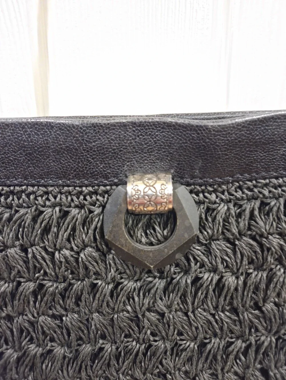 Brighton Black Woven Raffia Shoulder Bag With Silver Embellishment Leather Strap